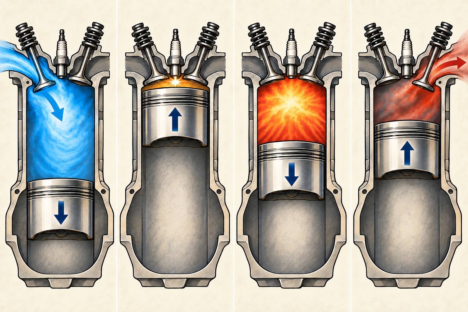 Cuatro escenas del mismo cilindro. De izquierda a derecha: el pistón baja y entra aire; sube y comprime la carga, y al final salta la chispa; baja empujado por los gases en expansión; y sube mientras expulsa los gases