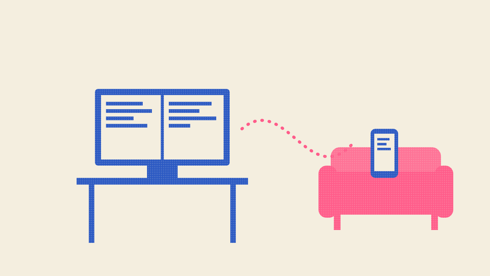 Ilustración a dos tintas: un escritorio con un monitor dividido en dos paneles de texto y, unida por una línea de puntos, un sofá rosa con un móvil que muestra lo mismo.