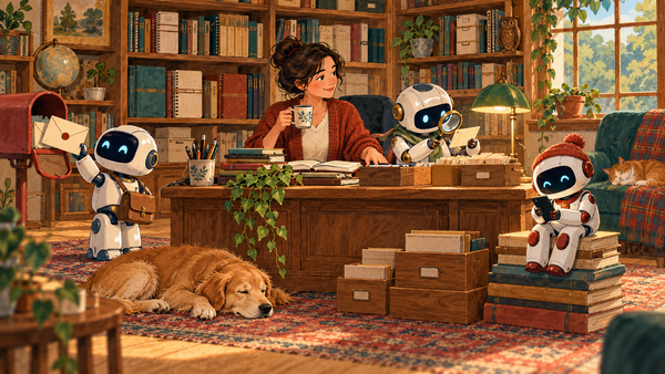 Una bibliotecaria organiza sus notas mientras tres pequeños robots ayudan con el buzón, la búsqueda y las consultas.
