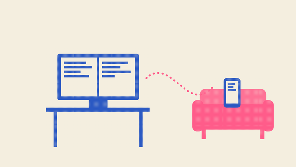 Ilustración a dos tintas: un escritorio con un monitor dividido en dos paneles de texto y, unida por una línea de puntos, un sofá rosa con un móvil que muestra lo mismo.